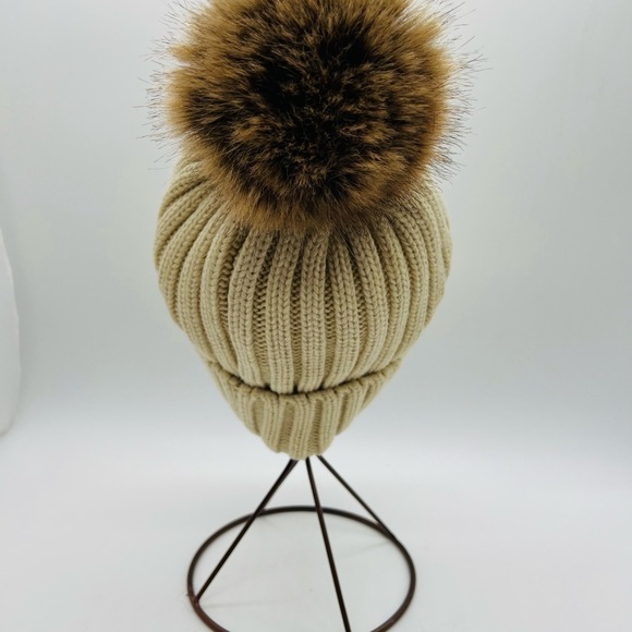 FURTALK WOMENS BEIGE ACRYLIC RIBBED KNIT BEANIE WITH FAUX FUR POM PON - Picture 8 of 10